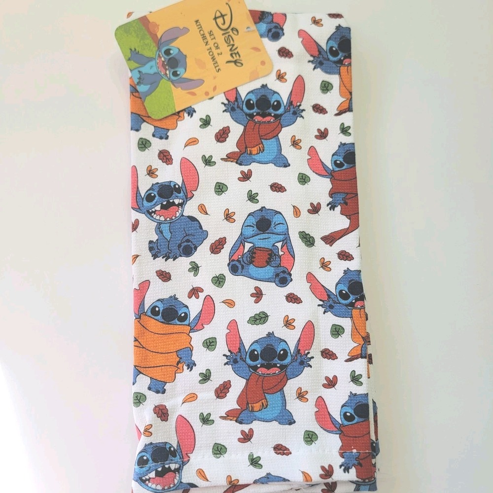 NEW DISNEY Stitch Fall Leaves Autumn Thanksgiving Kitche Towels 2 Set